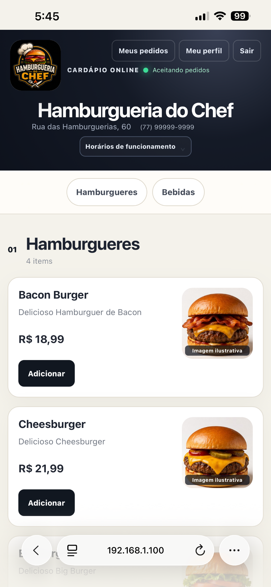 Página inicial do cardápio digital da Hamburgueria do Chef