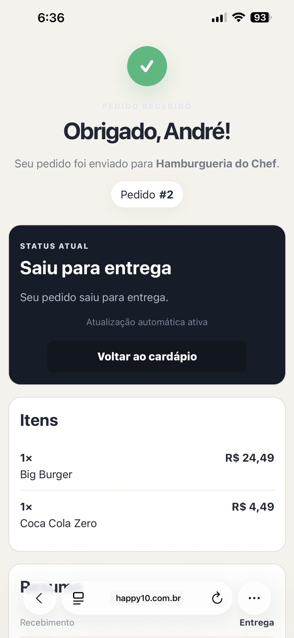 Status saiu para entrega visto pelo cliente
