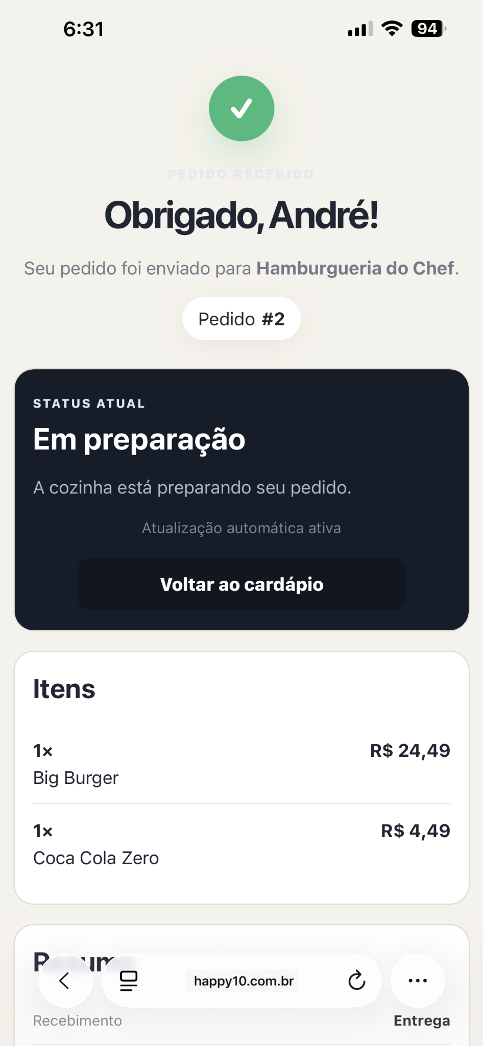 Status de pedido em preparação visto pelo cliente