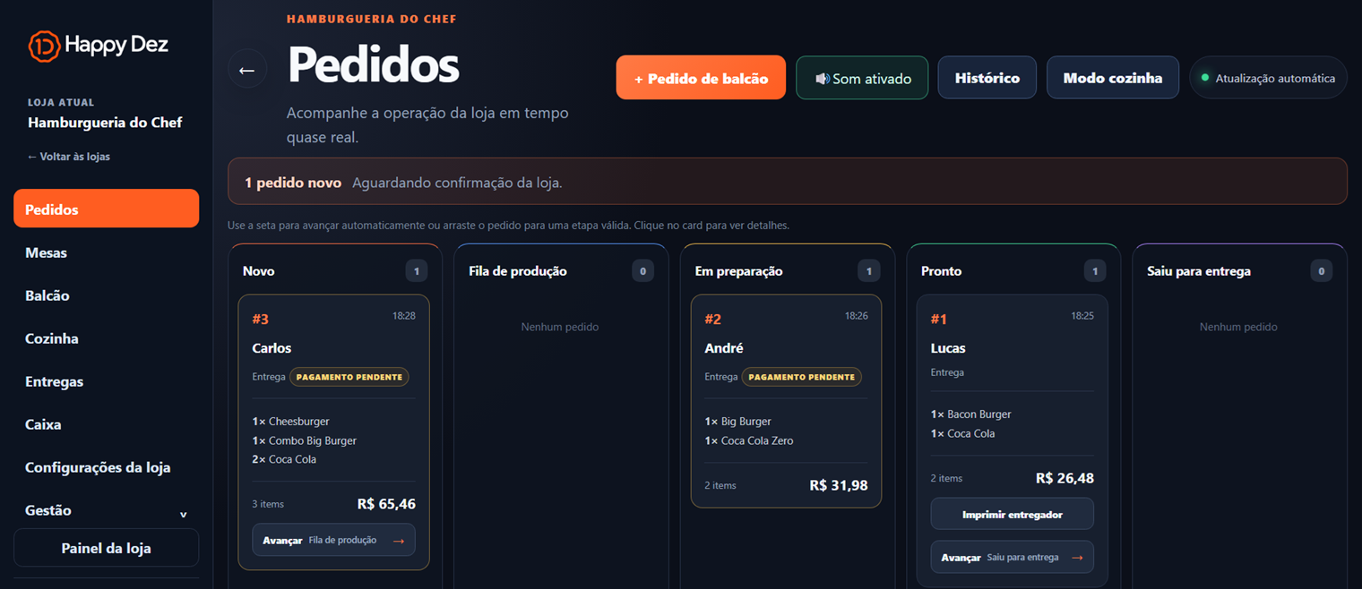Gestão de pedidos Happy Dez no desktop
